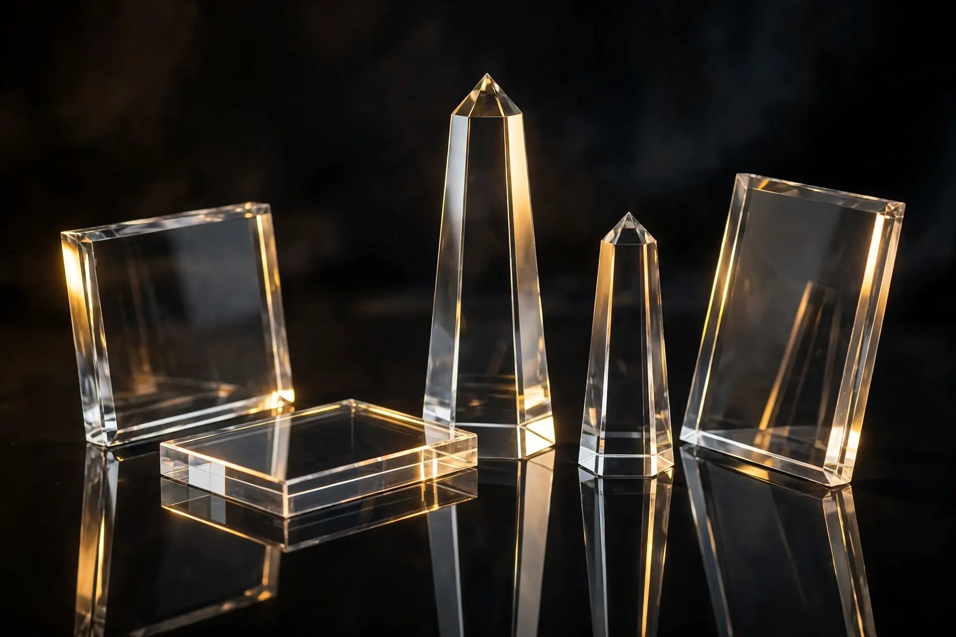 Crystal acrylic and glass awards catching golden light