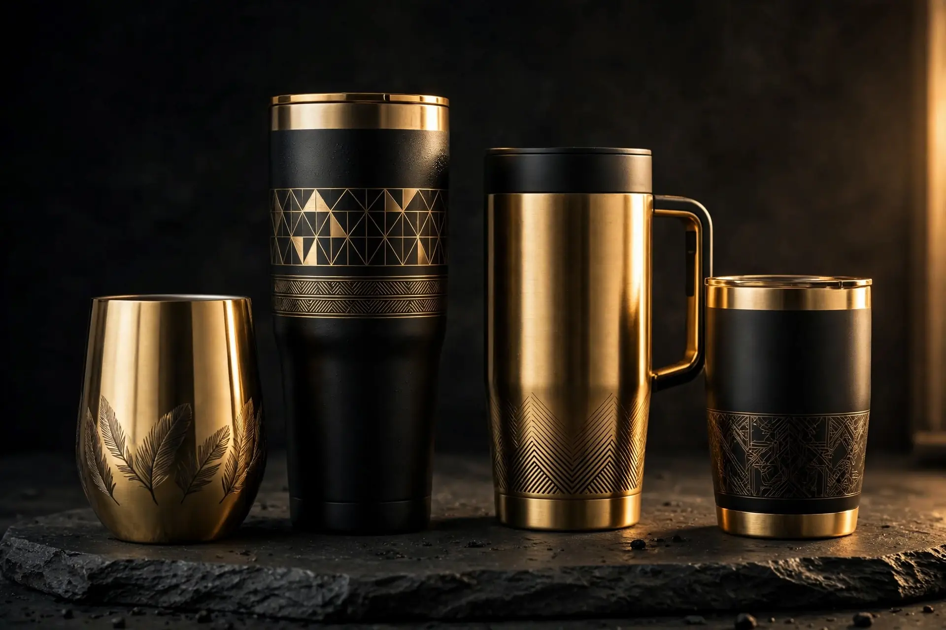 Engraved insulated tumblers in black and gold