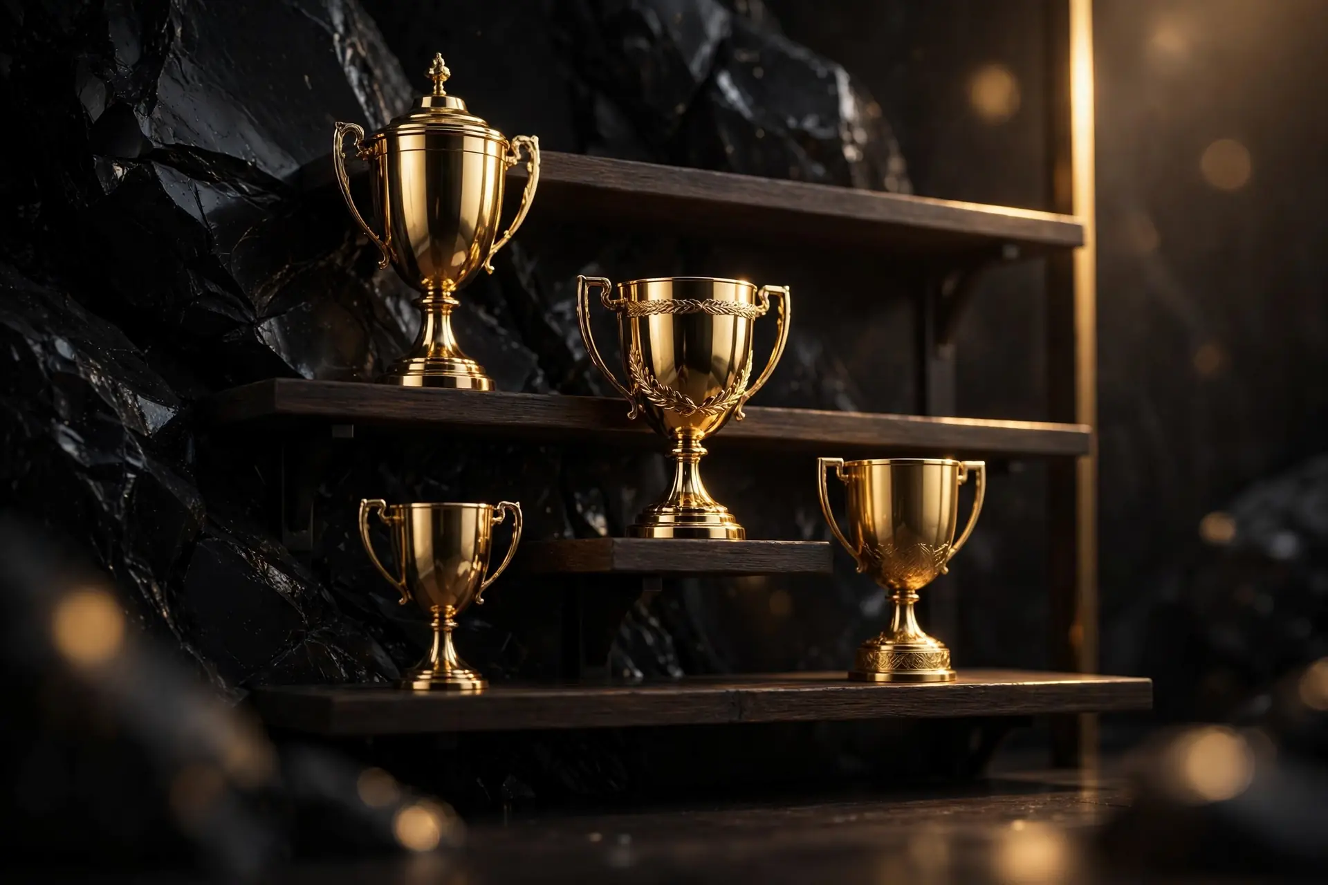 Gold trophies on dark shelves in the awards shop