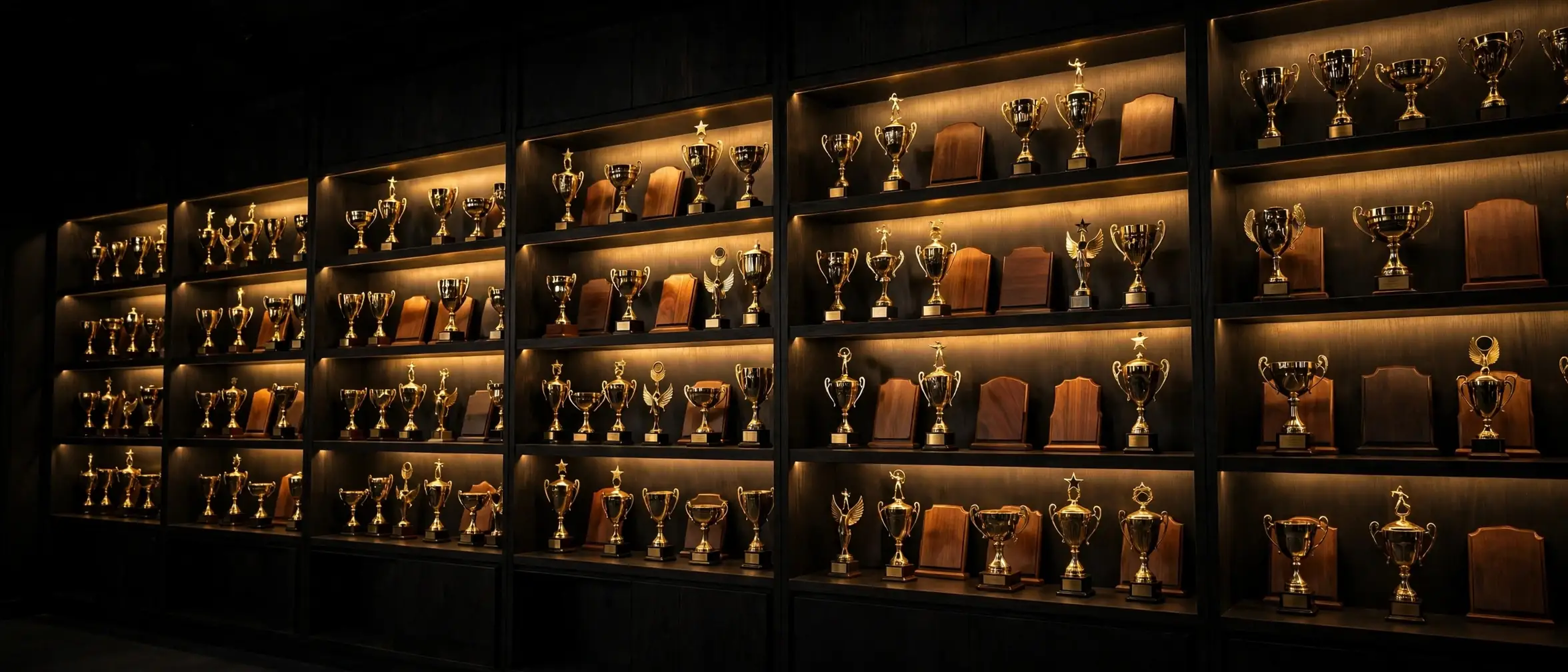 Wall of gold trophies and plaques glowing in the dark showroom